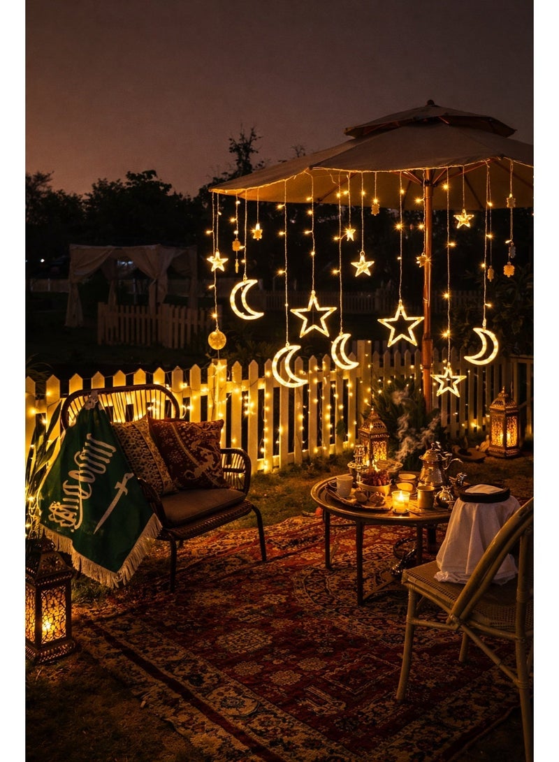 ستارة مضيئة LED بتصميم الهلال والنجوم لرمضان – اضاءة نوافذ بطول 3.5 متر بلون دافئ مع وحدة تحكم وقابس UK، زينة العيد والمنزل - view 3